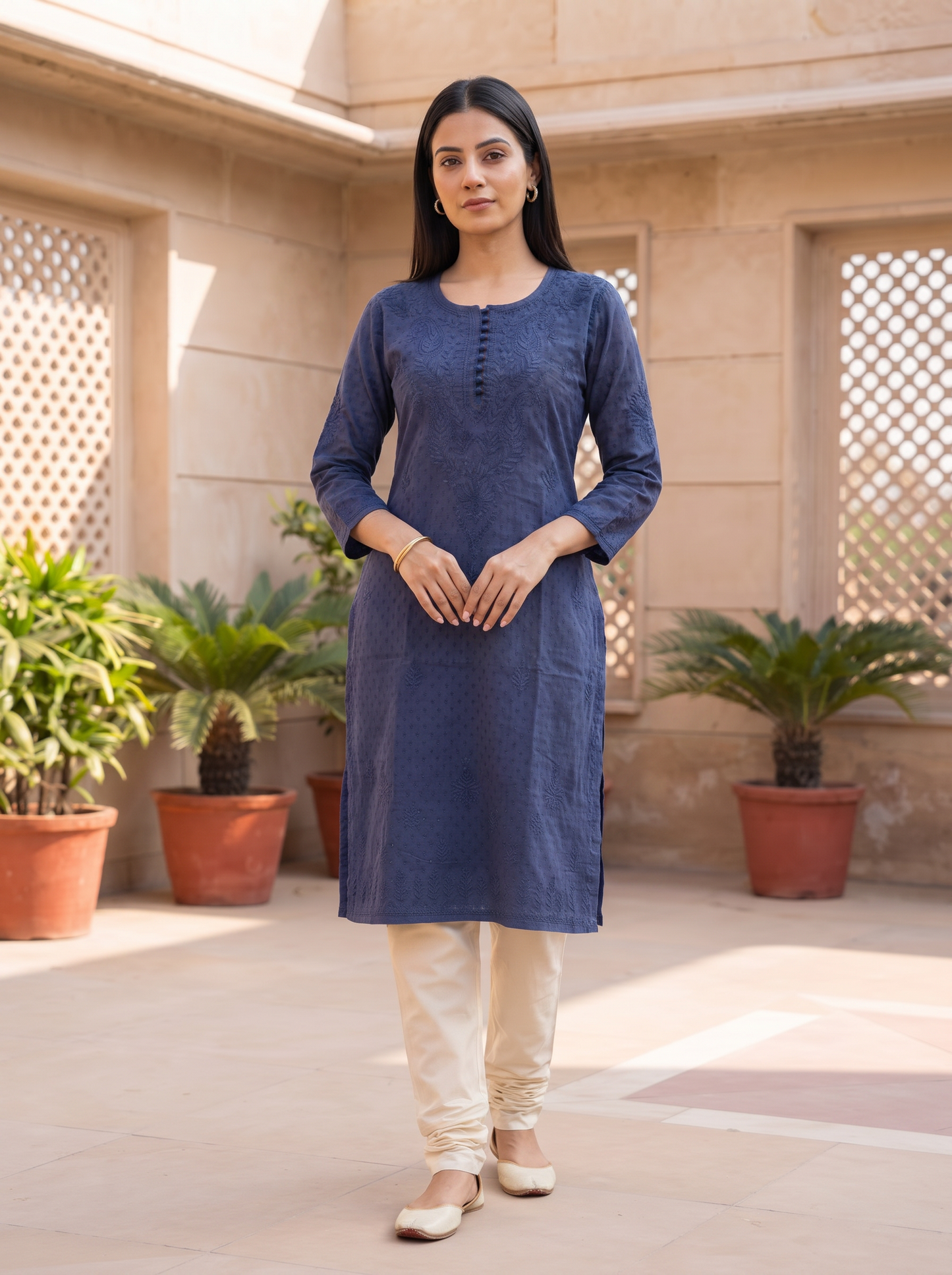 Chikankari Long Kurta Navy Blue