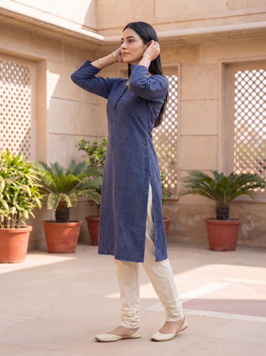 Chikankari Long Kurta Navy Blue