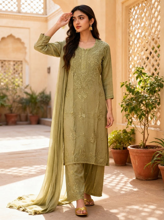 Chikankari Palazzo Set with Dupatta Olive Green