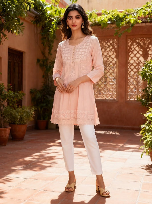 Chikankari Short Kurta Peach