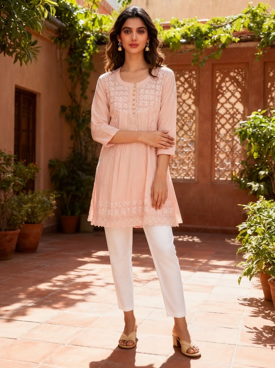 Chikankari Short Kurta Peach