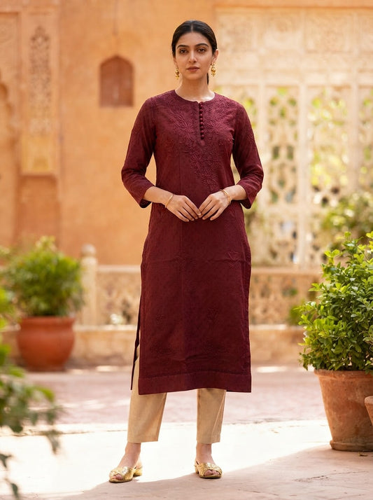 Chikankari Long Kurta Wine