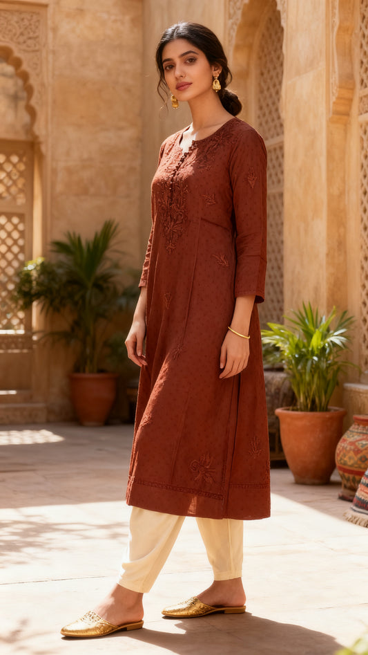 Chikankari Long Kurta Rust Brown