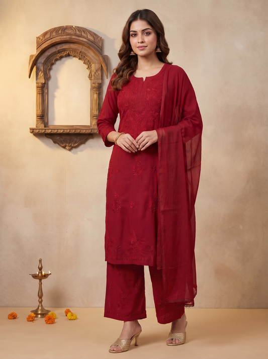 Chikankari Palazzo Set with Dupatta Festive Red