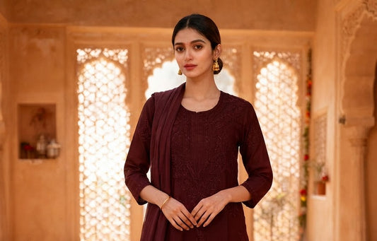 Chikankari Palazzo Set – Coffee Brown