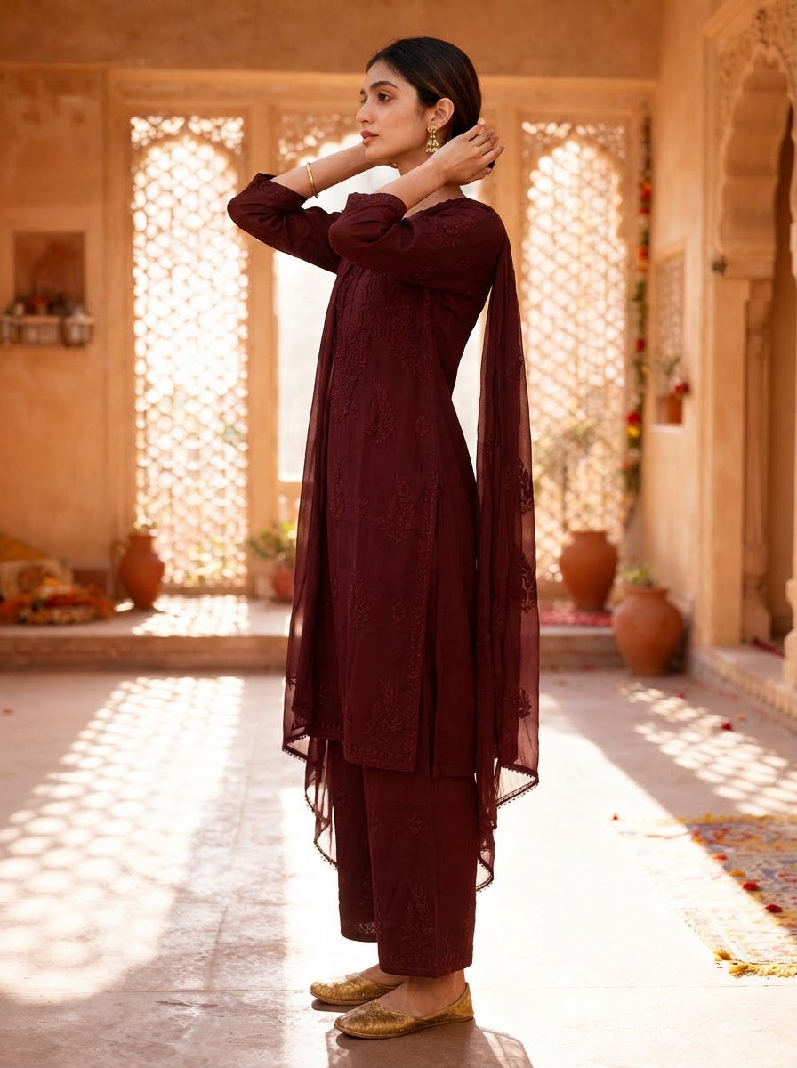 Chikankari Palazzo Set – Coffee Brown