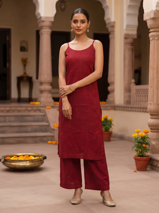 Chikankari Noodle Strap Pant Set Crimson Red
