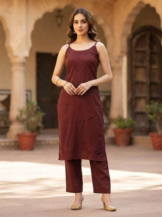 Chikankari Noodle Strap Pant Set Coffee Brown