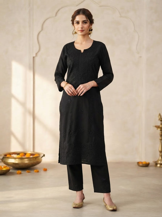 Chikankari Straight Pant Set Classic Black