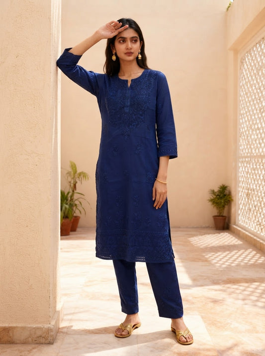 Chikankari Straight Pant Set – Royal Blue