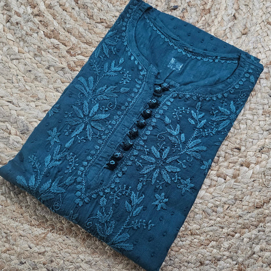 Chikankari Cotton Long Kurta Teal Blue