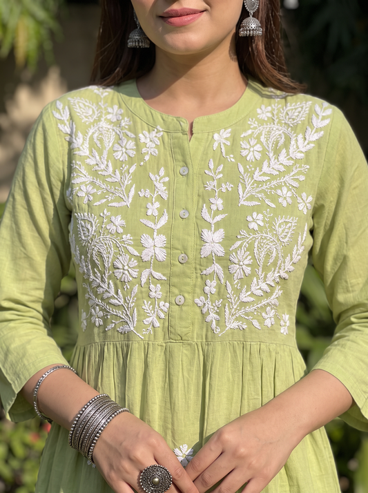 Chikankari Cotton Tiered Maxi Dress Lime Green