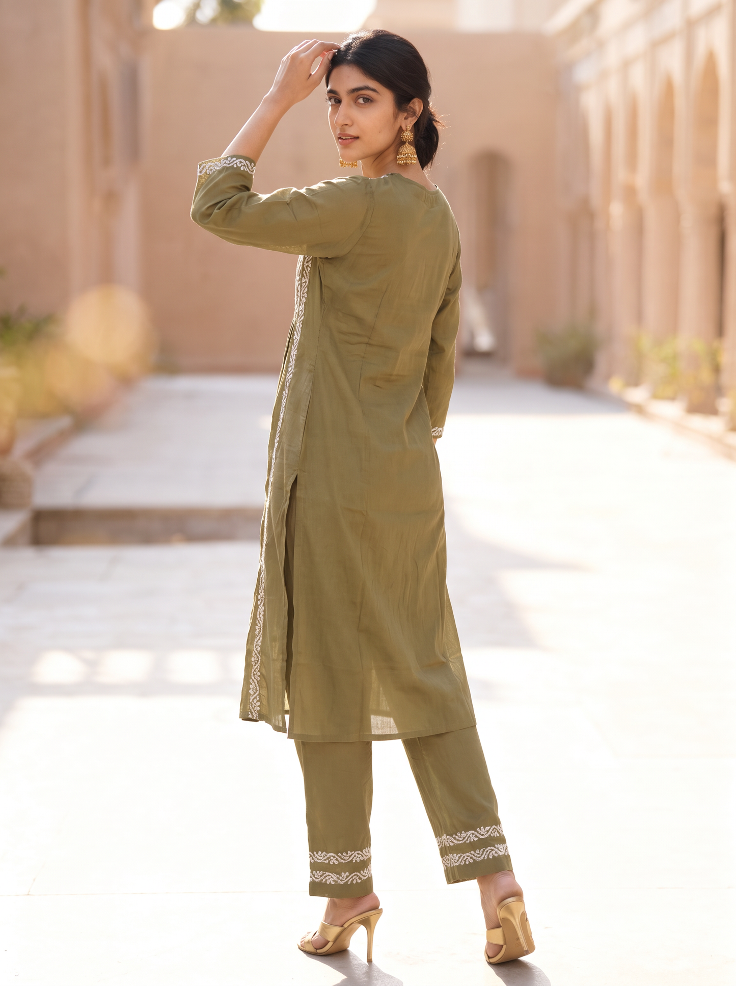 Chikankari Cotton Flared Kurta Pant Set Olive Green