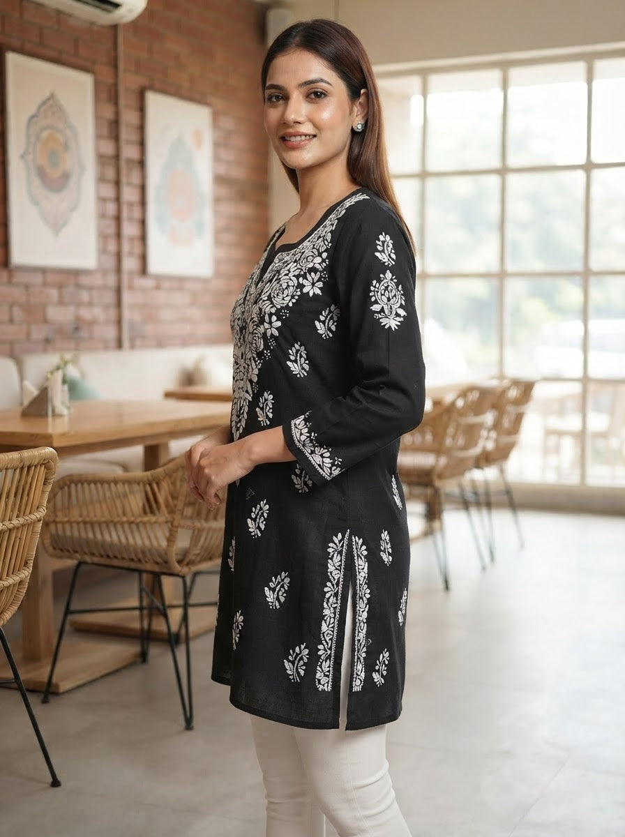 Chikankari Cotton Short Kurta Black