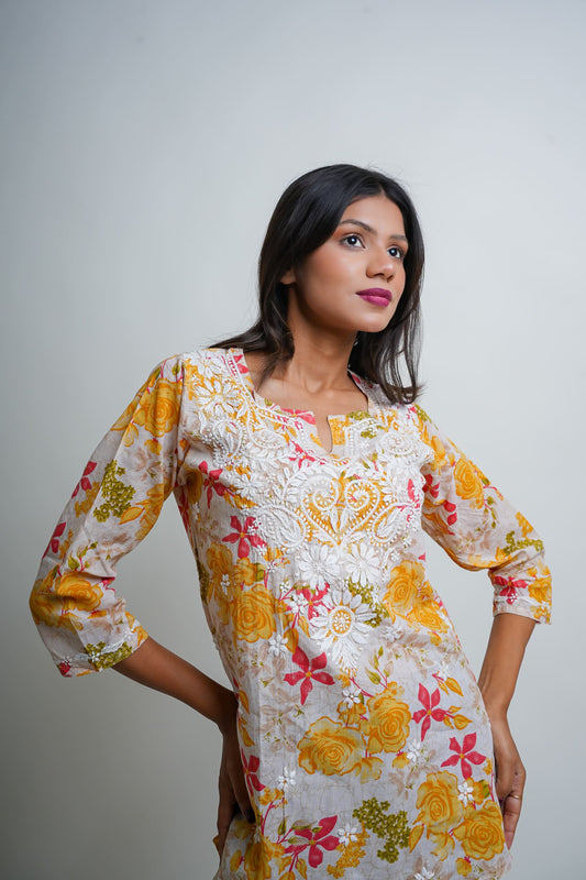 Chikankari Hand Embroidered | Short Kurti | Mul Cotton | Yellow Floral
