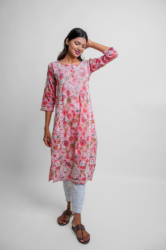 Chikankari hand embroidered | Long Kurta | Mul Cotton | Pink