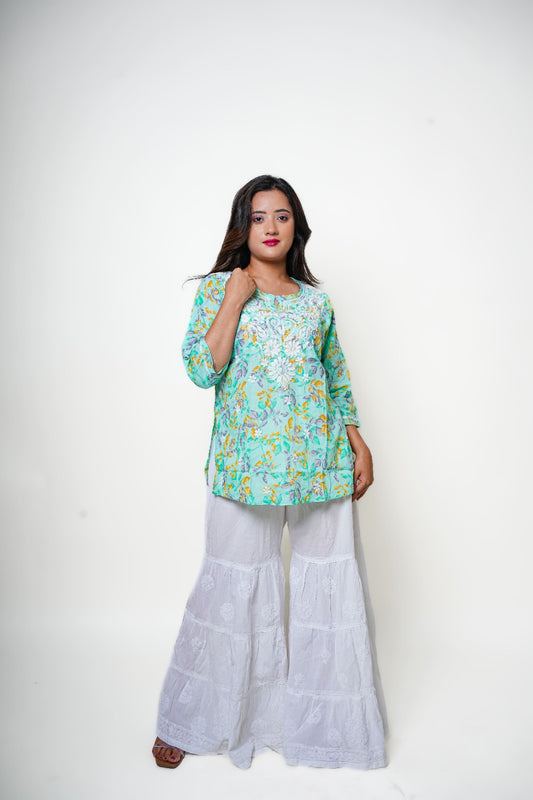 Chikankari Hand Embroidered | Short Kurti | Mul Cotton | Green