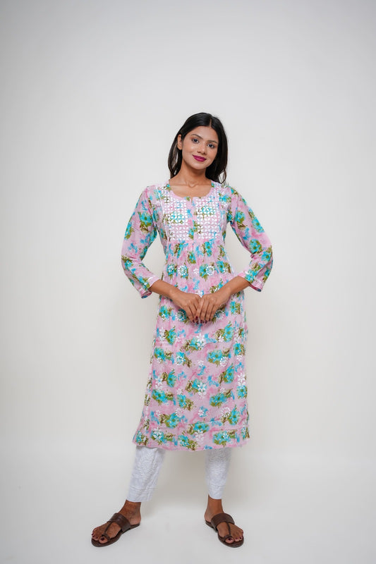 Chikankari hand embroidered | Long Nayra | Mul cotton | Pink