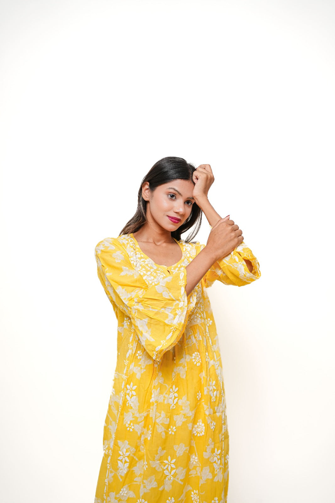 Chikankari hand embroidered | Long Nayra | Mul cotton | Yellow