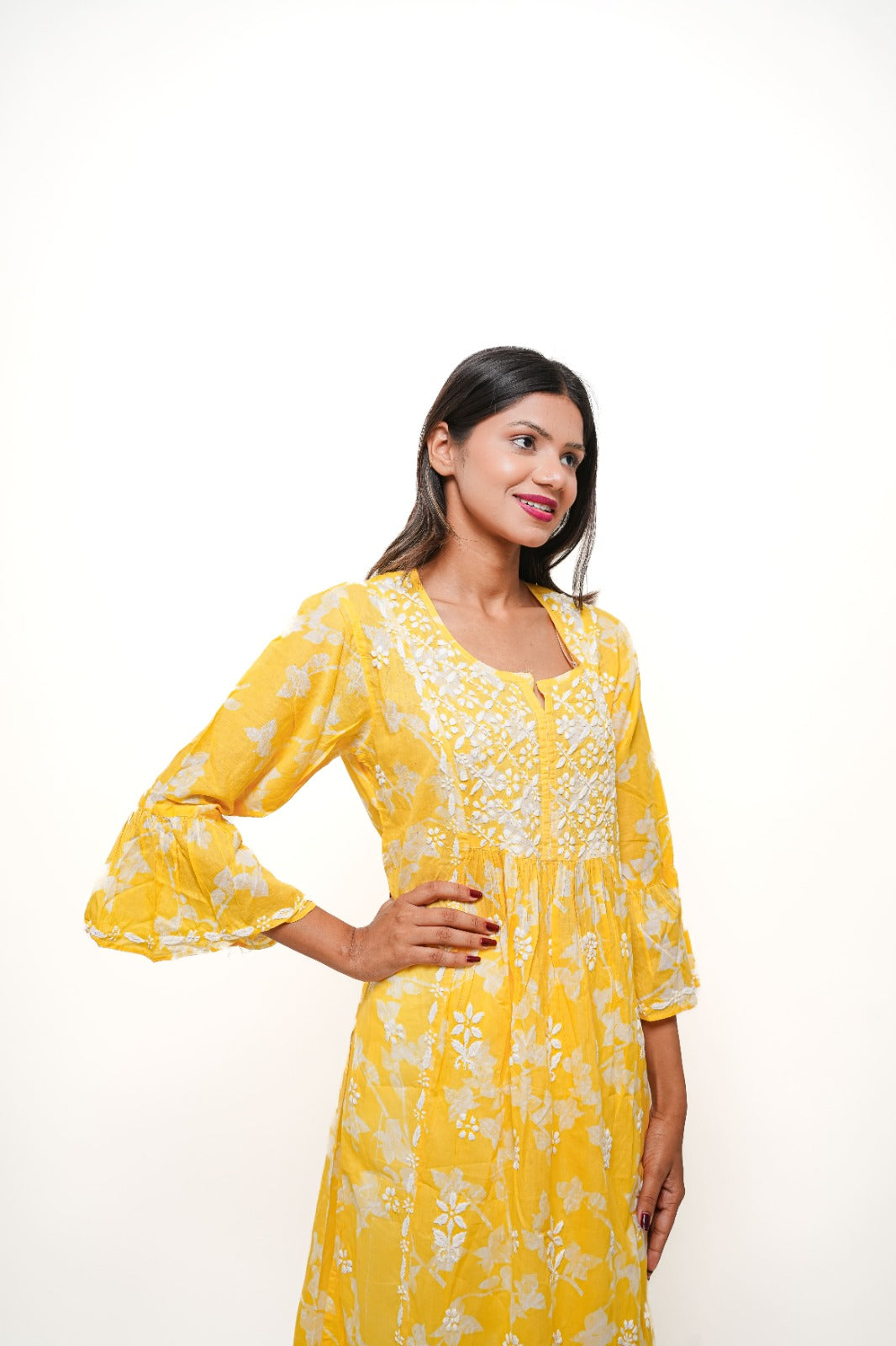 Chikankari hand embroidered | Long Nayra | Mul cotton | Yellow