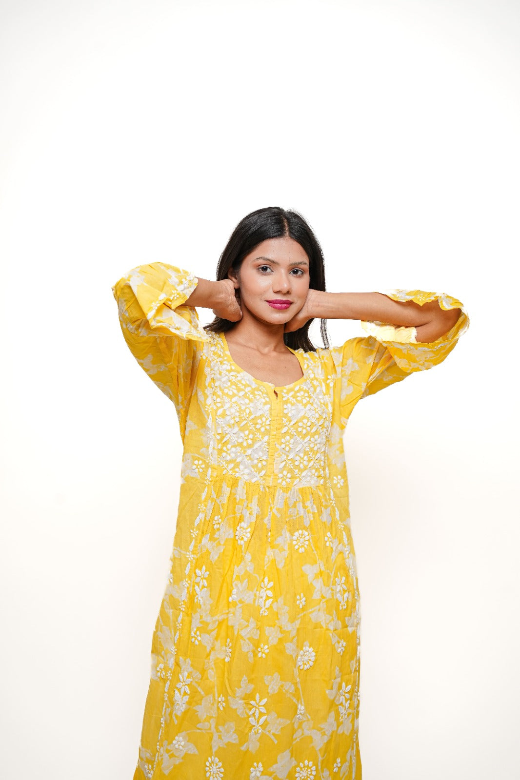 Chikankari hand embroidered | Long Nayra | Mul cotton | Yellow