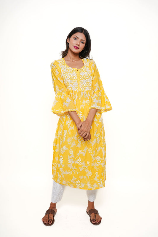 Chikankari hand embroidered | Long Nayra | Mul cotton | Yellow