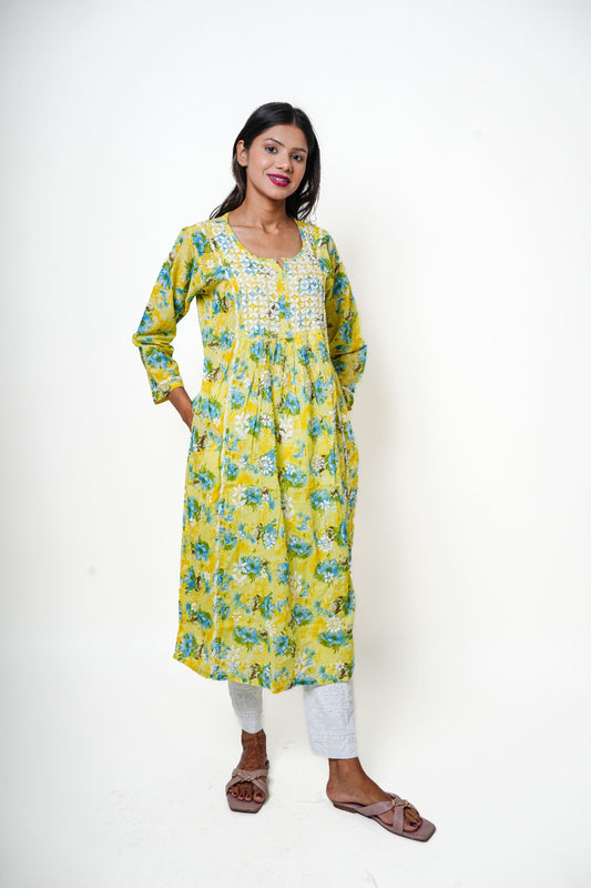 Chikankari hand embroidered | Long Nayra | Mul cotton | Yellow & Green