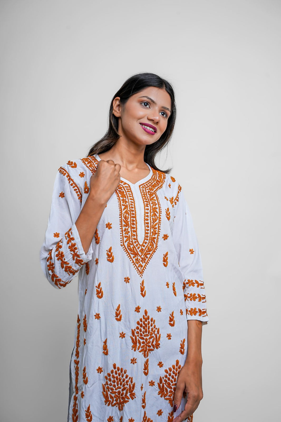 Chikankari hand embroidered | Long Kurta | Rayon | White & mustard