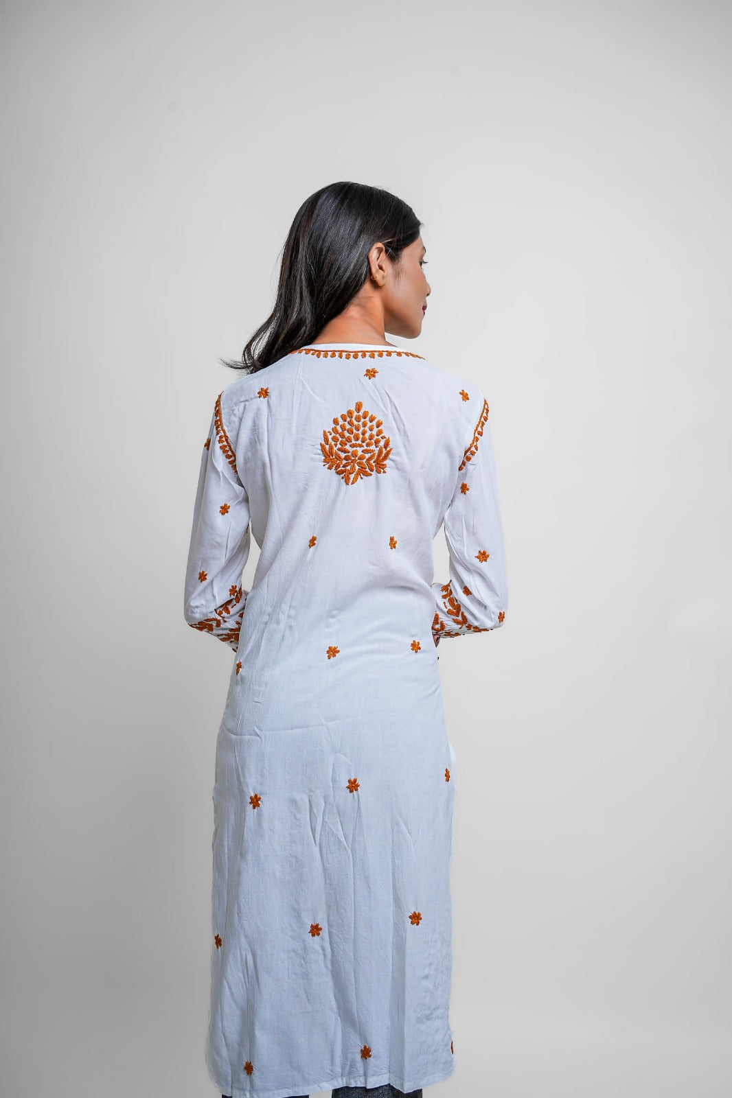 Chikankari hand embroidered | Long Kurta | Rayon | White & mustard