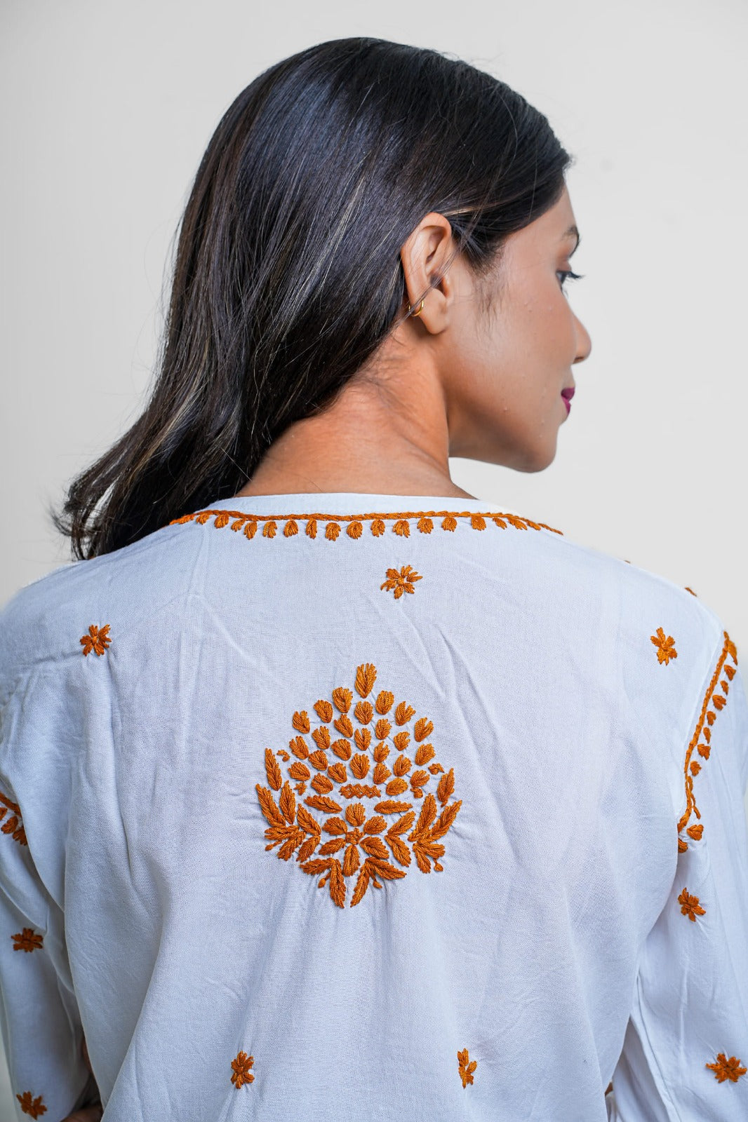 Chikankari hand embroidered | Long Kurta | Rayon | White & mustard