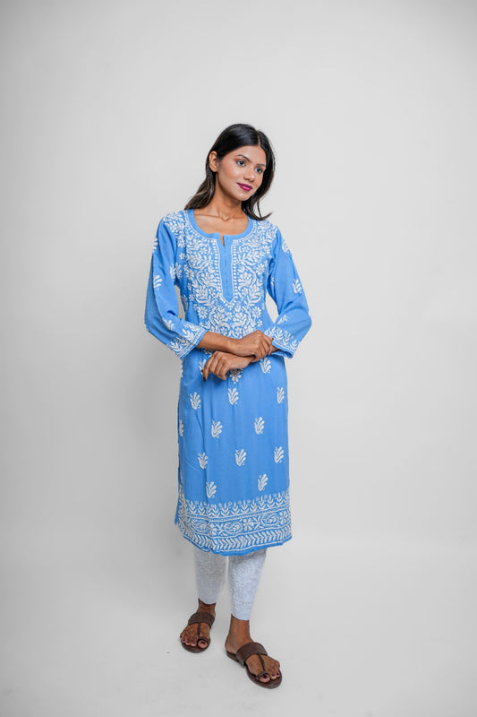 Chikankari hand embroidered | Long Kurta | Mudal | Blue