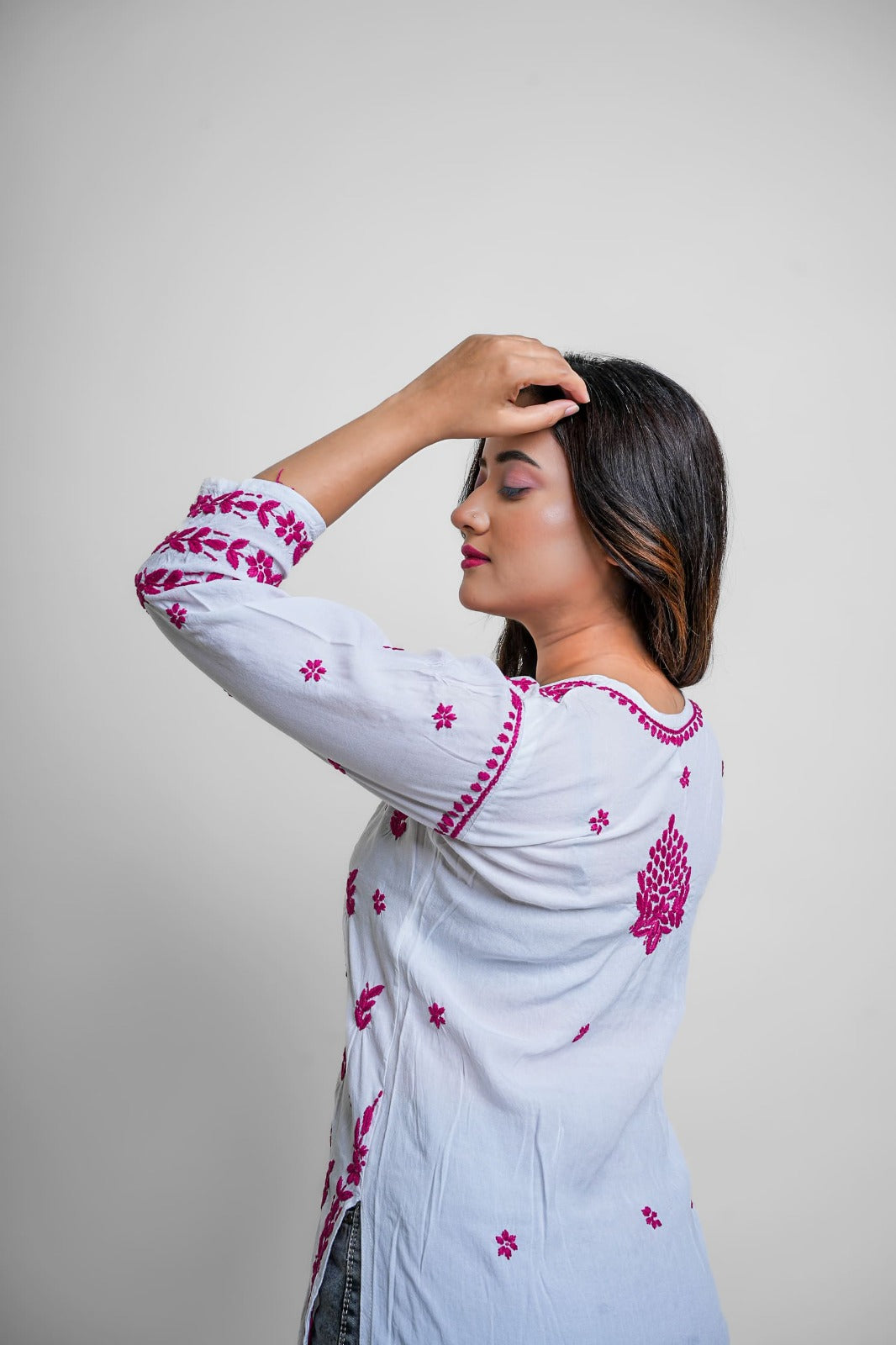 Chikankari hand embroidered | Long Kurta | Rayon | White & Pink