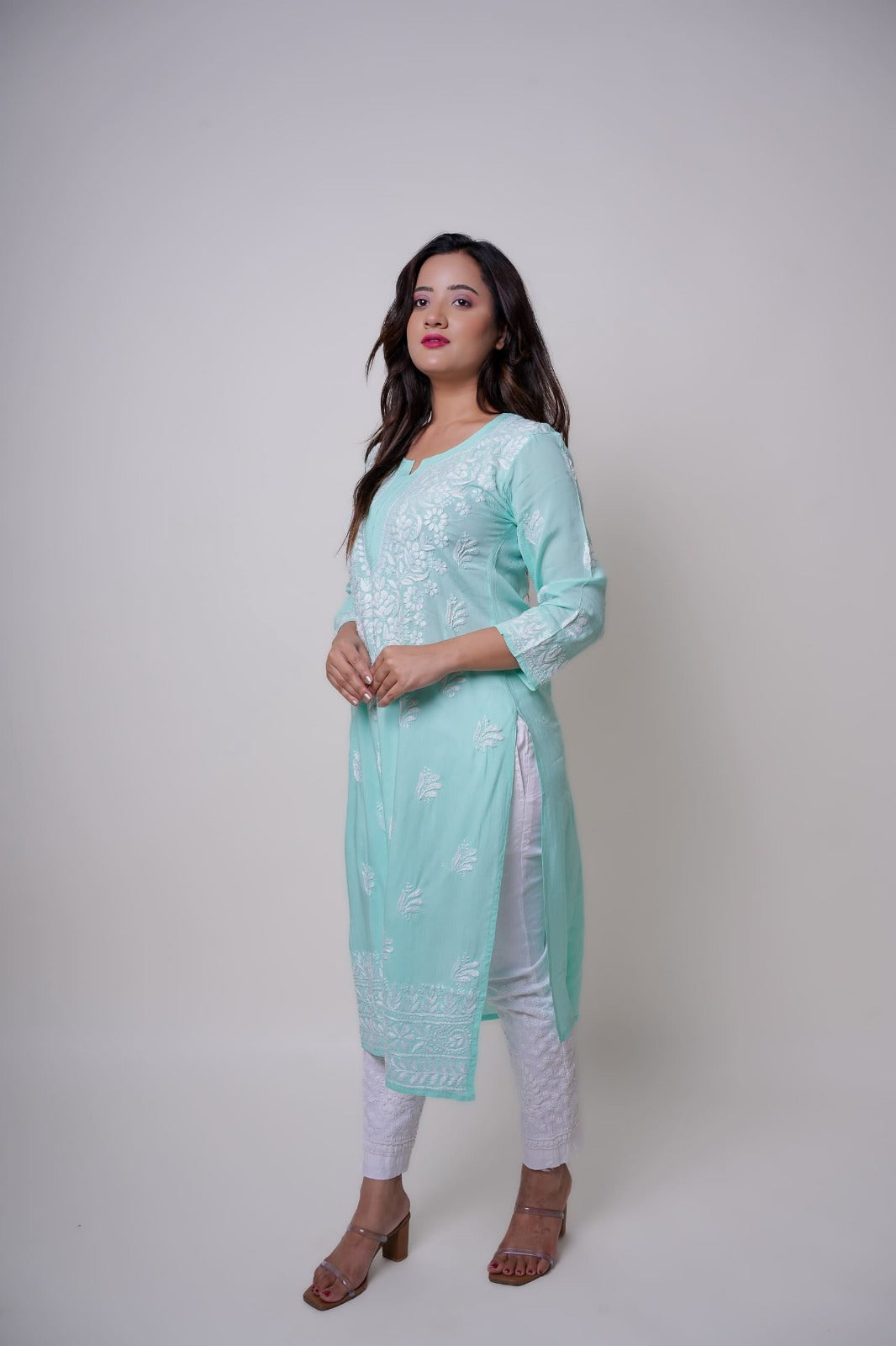 Chikankari hand embroidered | Long Kurta | Mudal | Mint Green