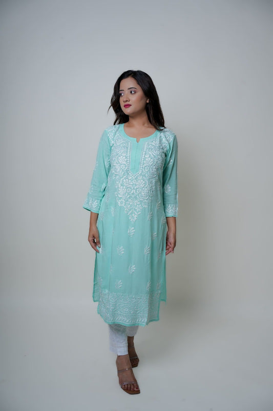 Chikankari hand embroidered | Long Kurta | Mudal | Mint Green