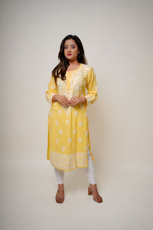 Chikankari hand embroidered | Long Kurta | Mudal | Yellow