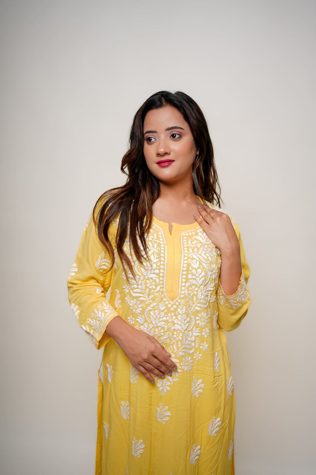 Chikankari hand embroidered | Long Kurta | Mudal | Yellow