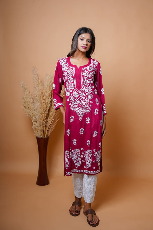 Chikankari hand embroidered | Long Kurta | Mudal | Maroon