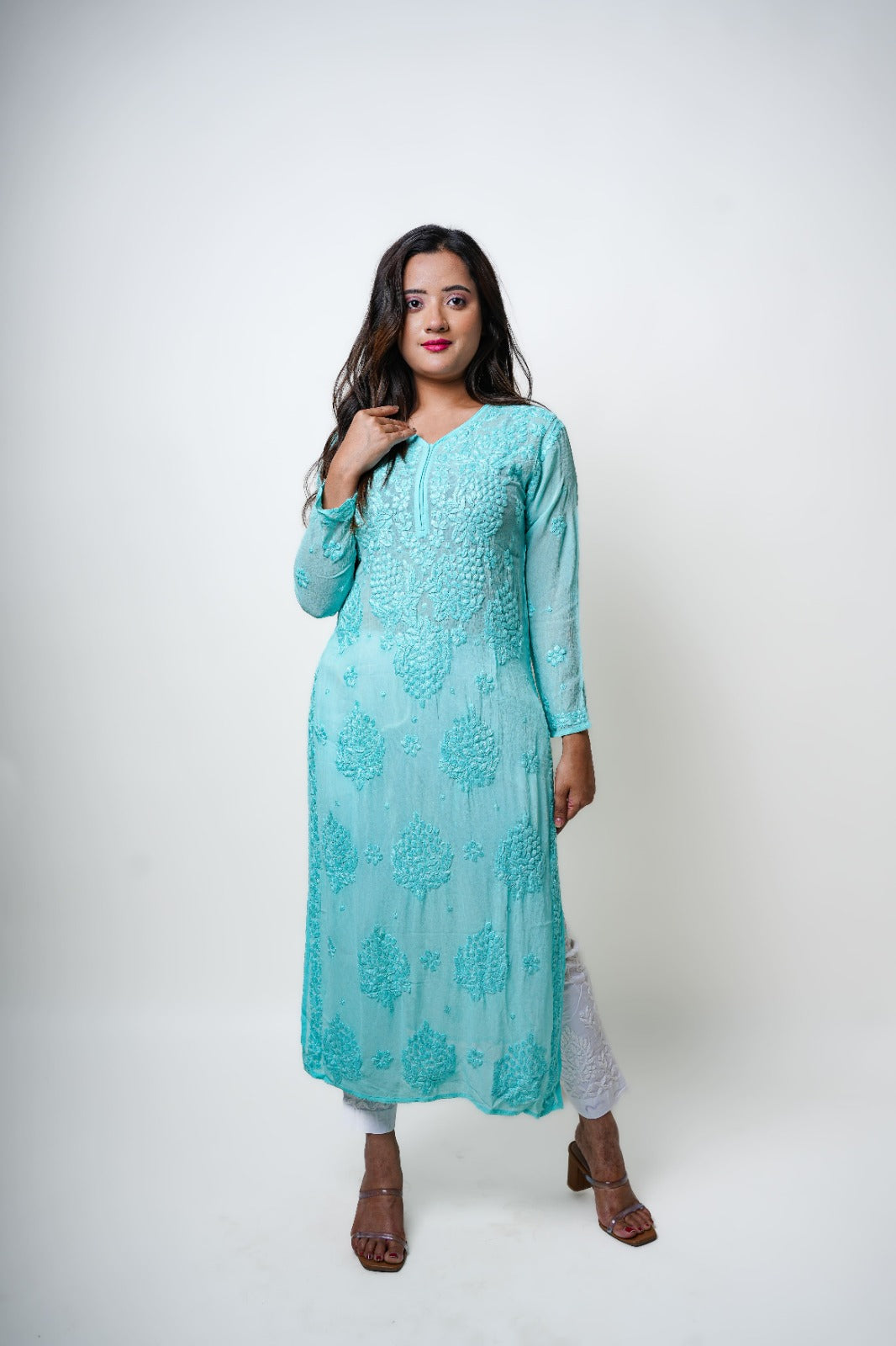 Chikankari hand embroidered | Long Kurta | Viscose | Sea green