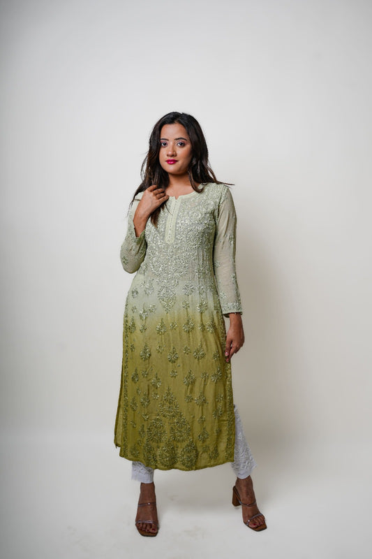 Chikankari hand embroidered | Long Kurta | Viscose | Olive
