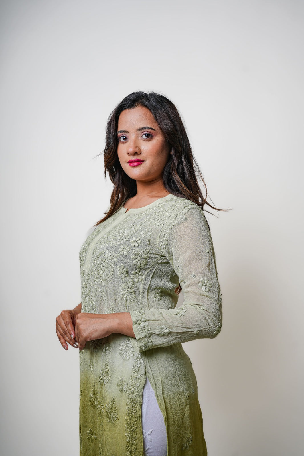 Chikankari hand embroidered | Long Kurta | Viscose | Olive