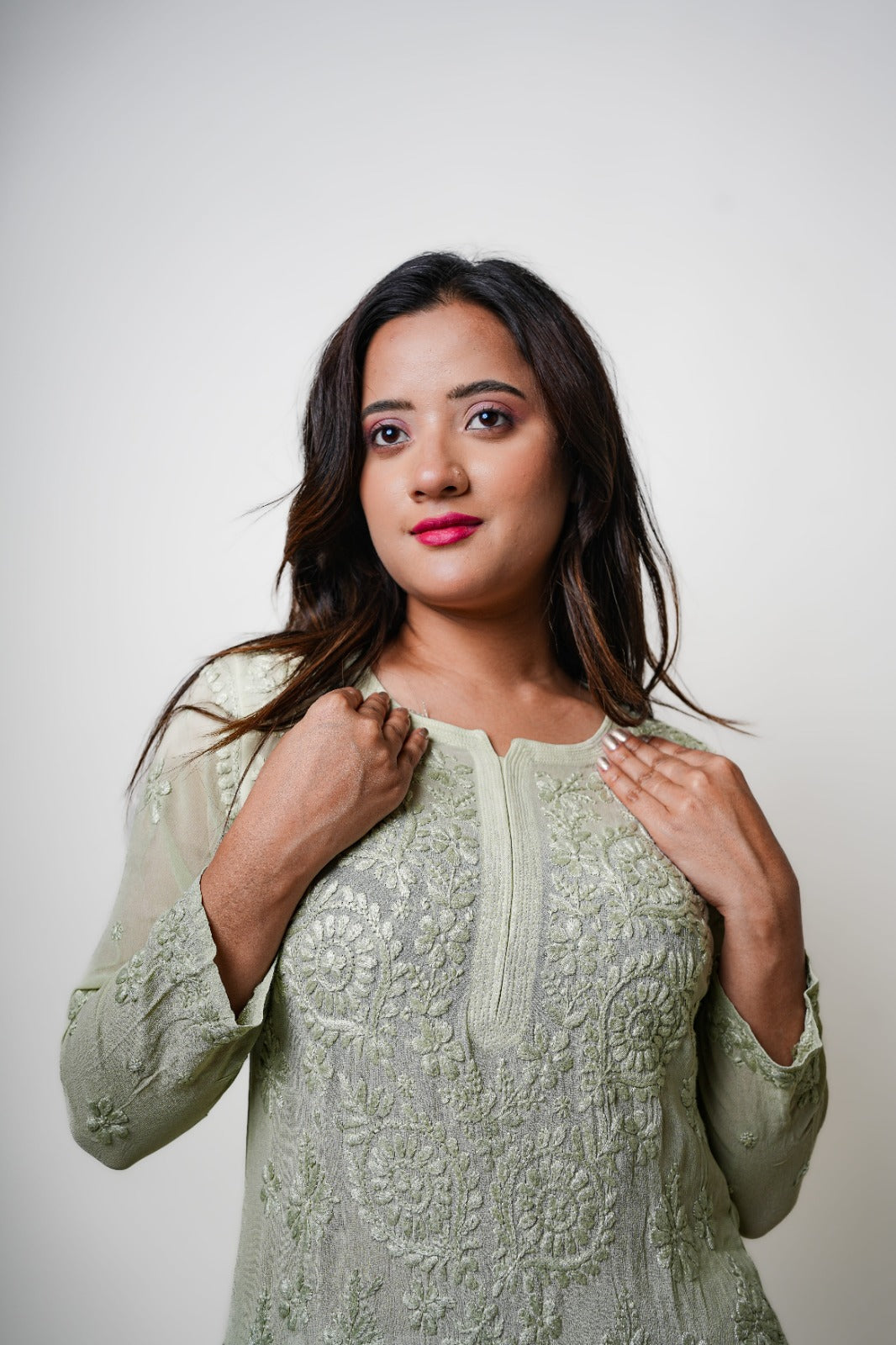 Chikankari hand embroidered | Long Kurta | Viscose | Olive