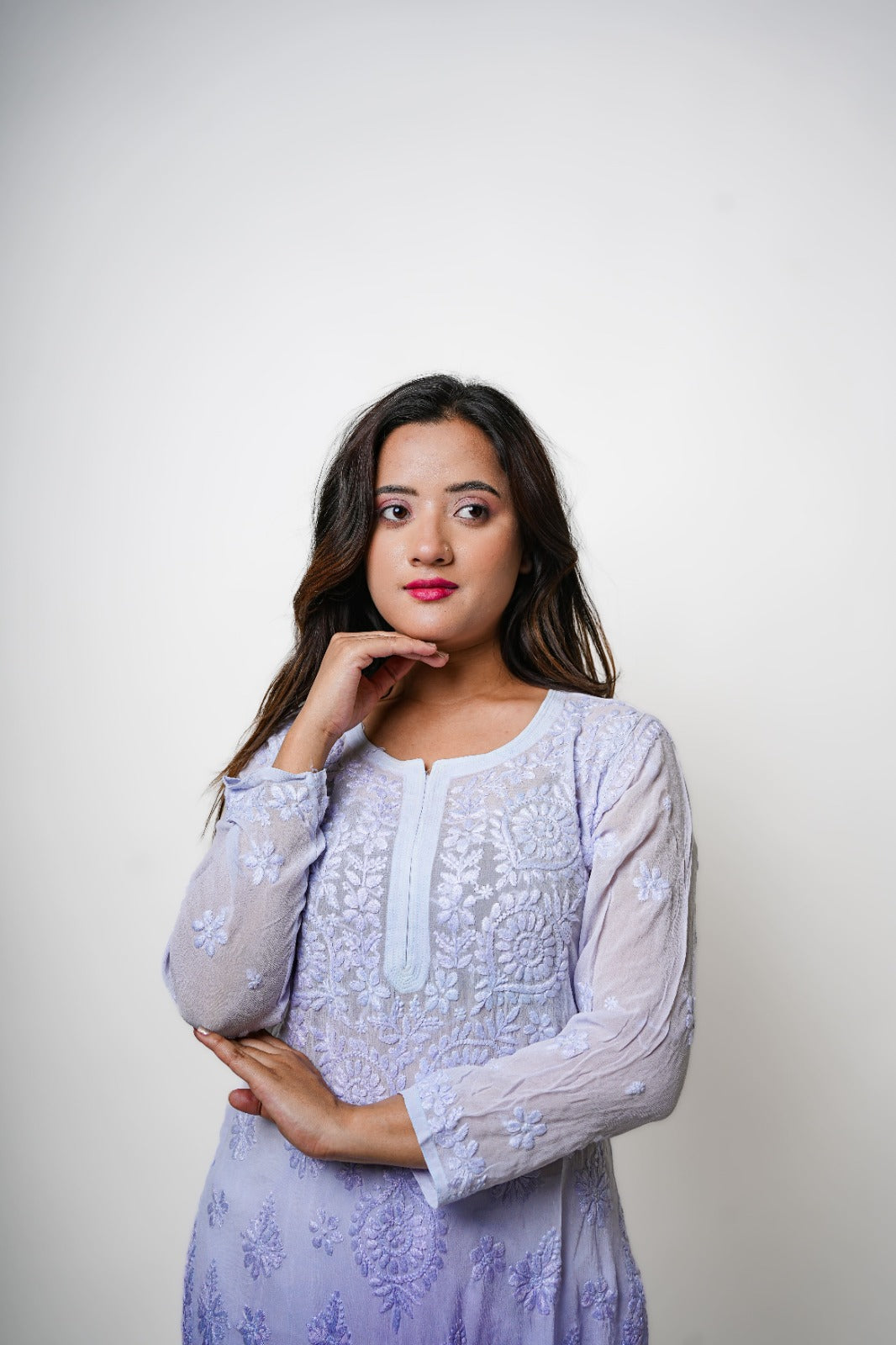 Chikankari hand embroidered | Long Kurta | Viscose | Lilac