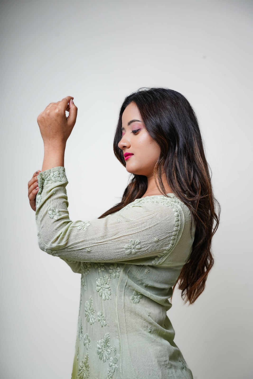 Chikankari hand embroidered | Long Kurta | Viscose | Olive