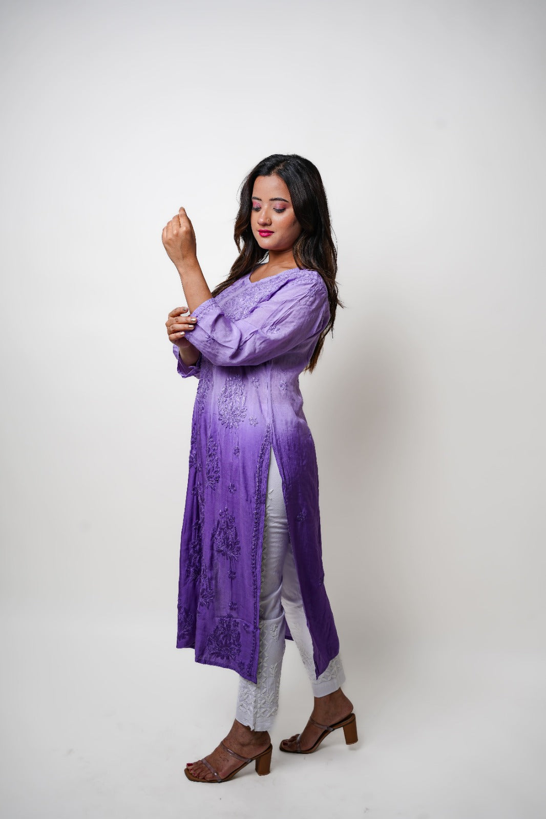 Chikankari hand embroidered | Long Kurta | Muslin Cotton | Lavander
