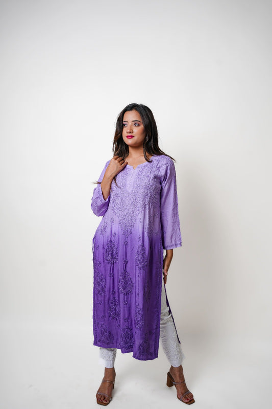 Chikankari hand embroidered | Long Kurta | Muslin Cotton | Lavander