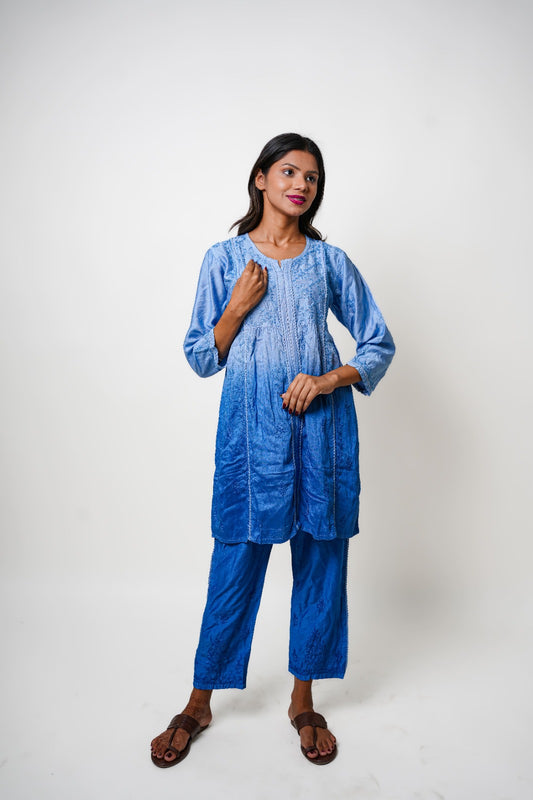 Chikankari hand embroidered | Co-ord set | Chanderi | Blue