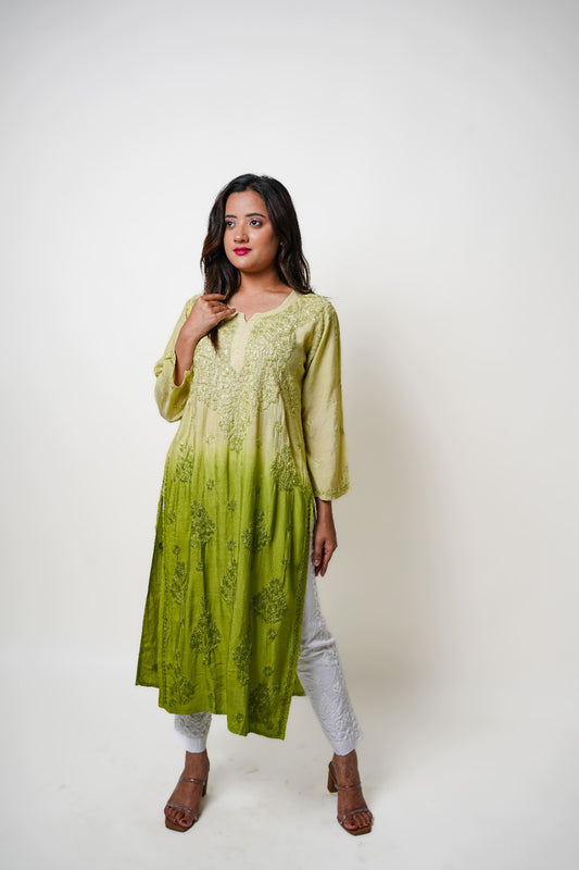 Chikankari hand embroidered | Long Kurta | Muslin Cotton | Olive