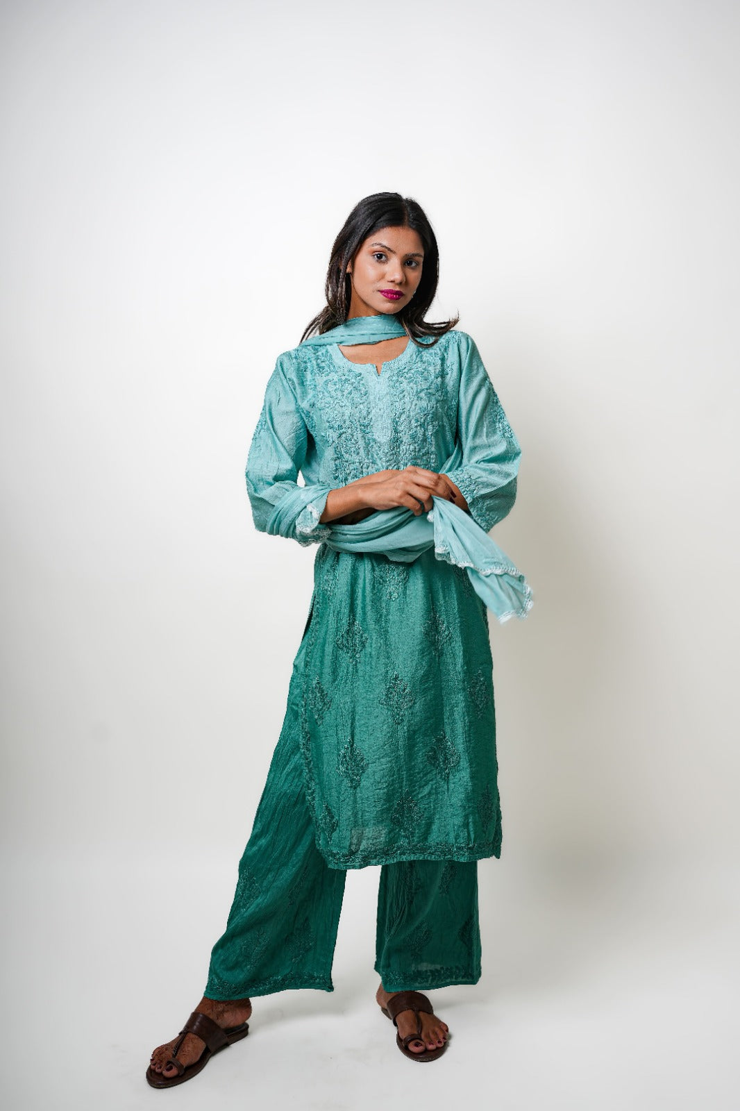 Chikankari hand embroidered | Suit Set| Chanderi | Teal Green