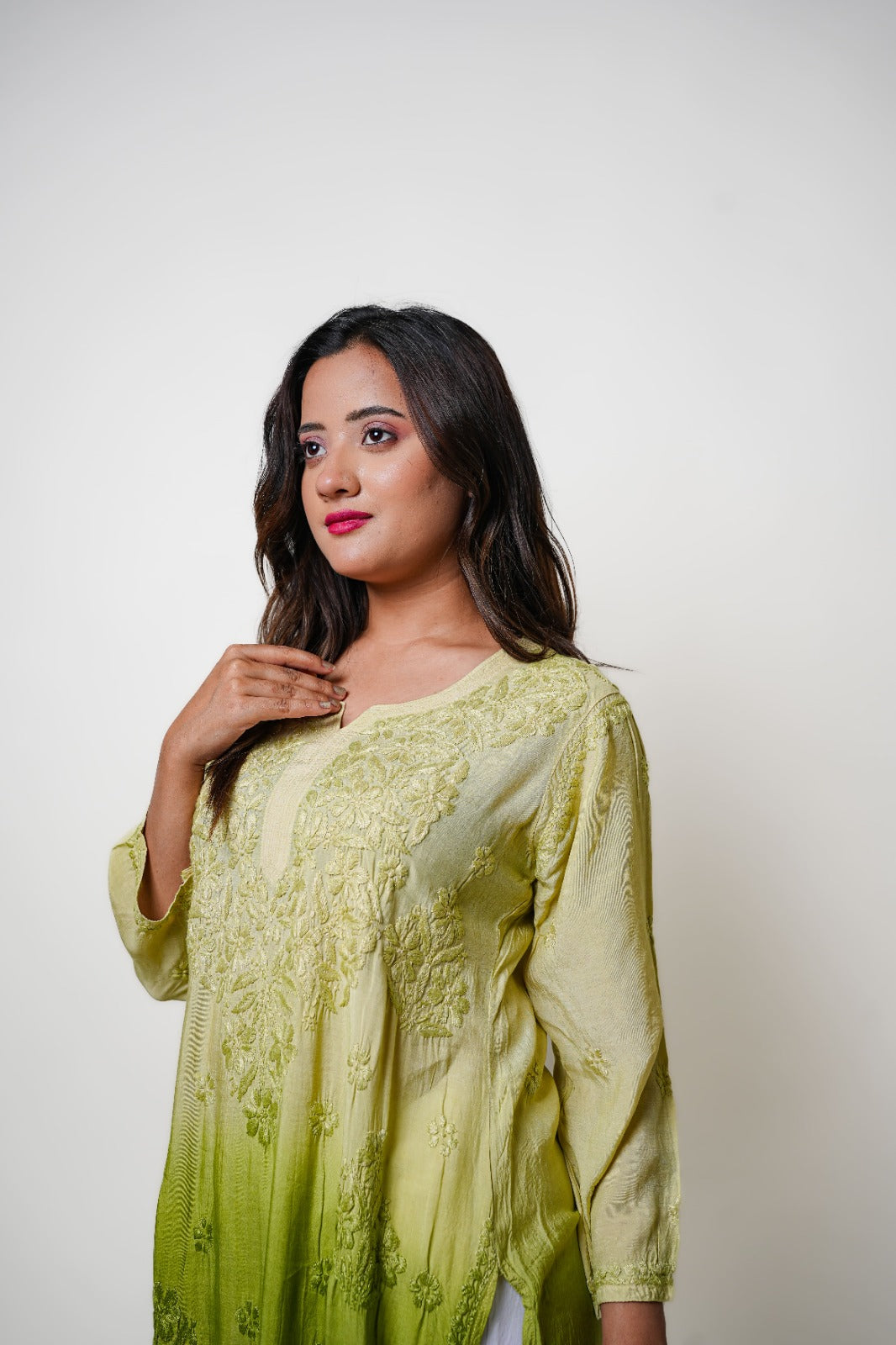 Chikankari hand embroidered | Long Kurta | Muslin Cotton | Olive