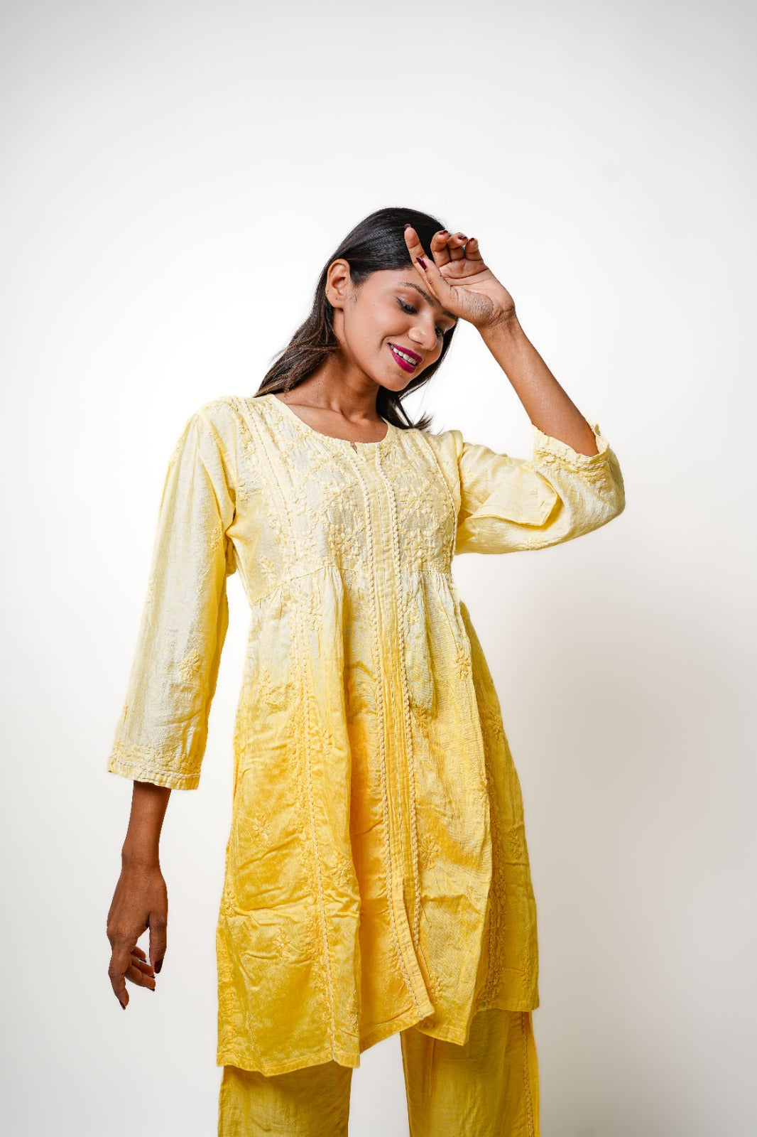 Chikankari hand embroidered | Co-ord set | Chanderi | Yellow